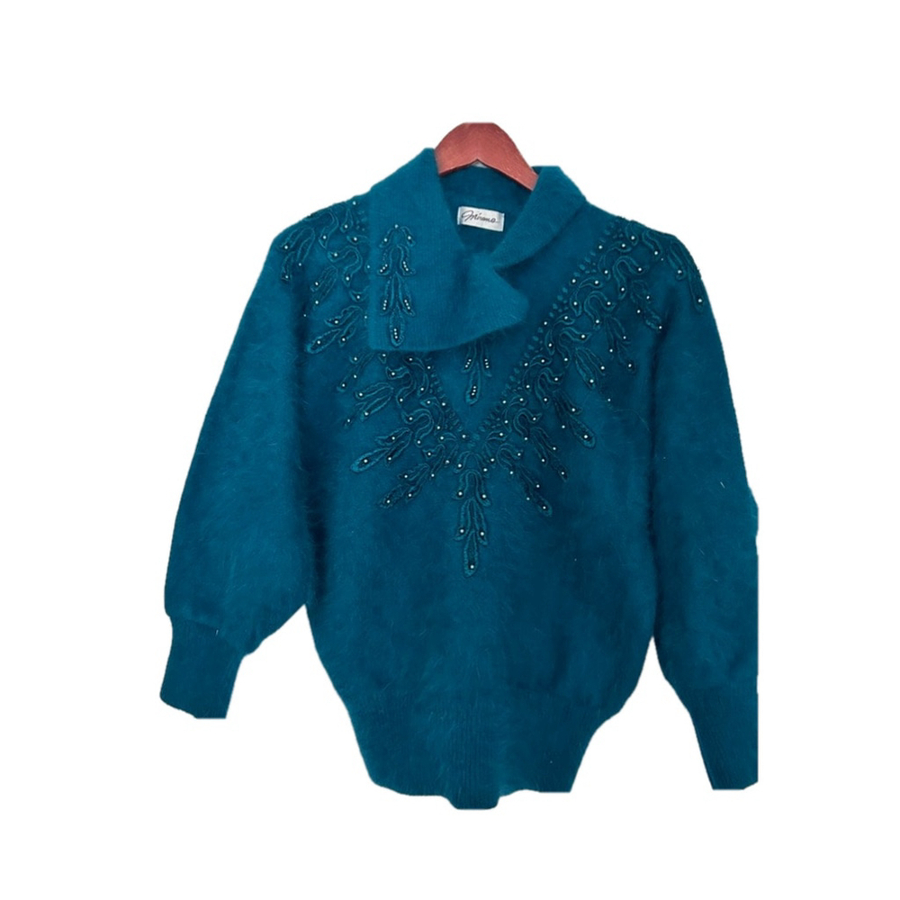 Mirano ANGORA Sweater Lrg Beads Neck teal blue vintage